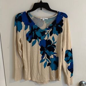 Chico's Beige Top with Blue Floral Pattern